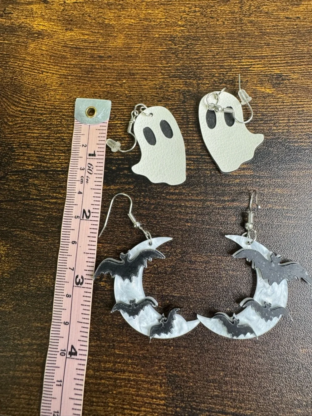 Halloween Ghost and Bat Crescent Moon Dangle Earrings White and Black - Picture 3 of 6
